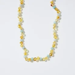 Halskæde • Ædelsetensperler & Rav • Gul & Lyseblå