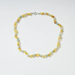 Halskæde • Ædelsetensperler & Rav • Gul & Lyseblå